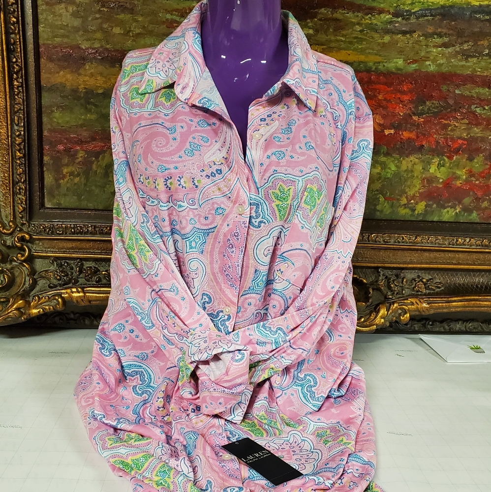 SZ. LARGE LAUREN RALPH LAUREN PINK PAJAMA SHIRT - Picture 3 of 5
